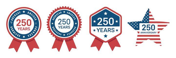 American 250th anniversary celebration badges and star shaped labels  ribbons and icons