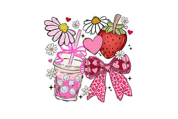 Cute Valentine's Day elements collage with strawberry drink, strawberry, flowers, hearts, and pink bow Sublimation design isolated on transparent background