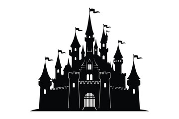 Fototapeta premium Fantasy Castle Silhouette with Flags