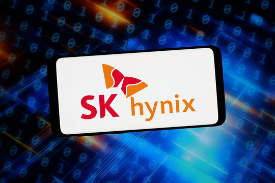 Stuttgart, Germany - 02-09-2026: In this photo illustration, the logo of Korean semiconductor company SK Hynix Inc. is displayed on a smartphone in front of abstract background on computer screen.