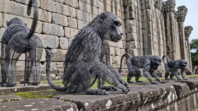 Wire sculpture primates displayed against ancient stone temple ruins