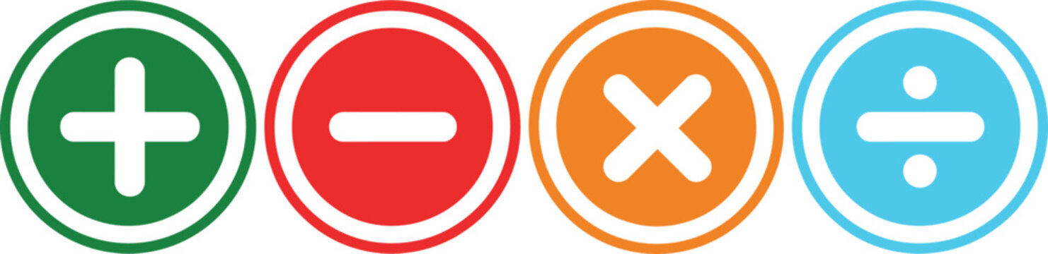 Colorful circles with mathematical symbols for addition, subtraction, multiplication, and division.