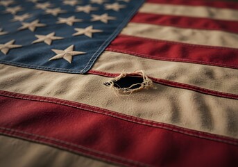 Closeup detail of a worn and torn American flag displaying stars and stripes fabric with a hole