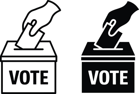 Two hands of different colors casting votes in separate ballot boxes.
