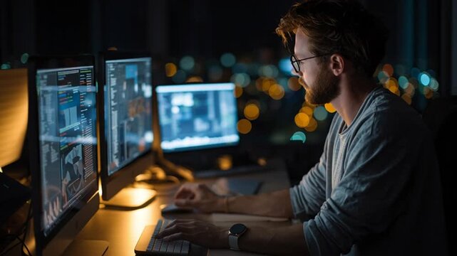 Programmer working late at night with multiple computer screens