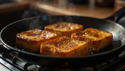 Fototapeta premium A delicious breakfast of French toast being cooked in a pan on a stovetop