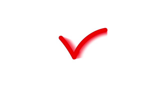 Glowing red tick mark animation for voting and surveys, check mark symbol for completed tasks and verification, correct answer icon motion design, professional white screen video overlay. 4K