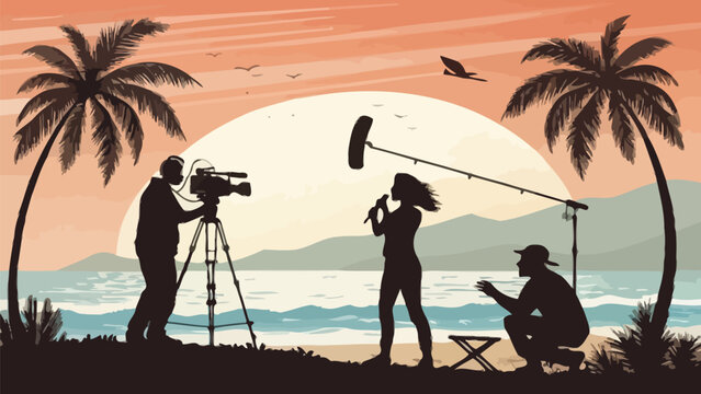 Film crew capturing stunning sunset on tropical beach with palm trees