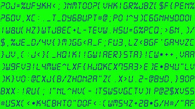 Randomly changing navy alphanumeric code text on green screen, wide format, resembling a system monitoring display and abstract system log style. 4K motion graphics.
