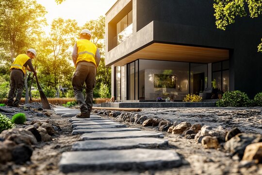 Workers laying stone pathway leading to residential home