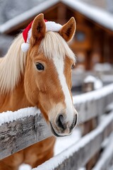 Obraz premium Festive horse wearing a Santa hat in a snowy countryside scene, celebrating the joy of Christmas