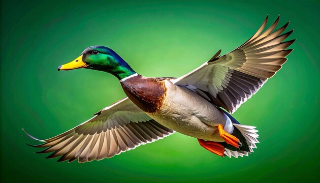 Pato salvaje volando con movimiento natural y alas extendidas sobre fondo verde uniforme chroma key, iluminaci&oacute;n neutra y calidad 4K ideal para edici&oacute;n y composici&oacute;n.