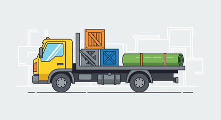 Fototapeta premium Flatbed Truck Carrying Cargo Boxes and Rolled Mat Illustration