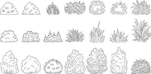 Hand drawn vector set of outline bushes, grass tufts, and garden shrubs icons isolated on white background for landscape design © Halal Artist