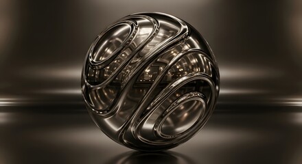 Abstract, highly polished chrome sphere featuring intricate, swirling, wave-like grooves reflecting ambient light in a dark studio setting.