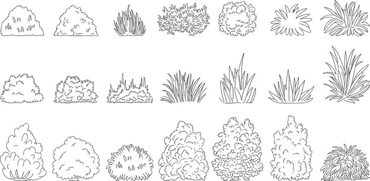 Hand drawn vector set of outline bushes, grass tufts, and garden shrubs icons isolated on white background for landscape design