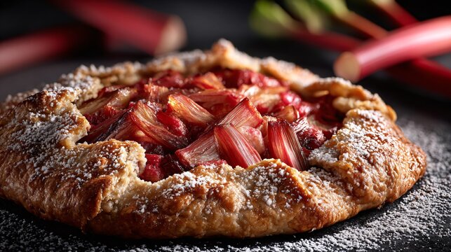 Rhubarb galette photographed in clean studio environment, isolated subject