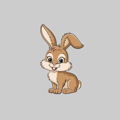 Cute Brown Cartoon Rabbit Sitting on Grey Background, Adorable Baby Bunny Vector Illustration with Big Ears.