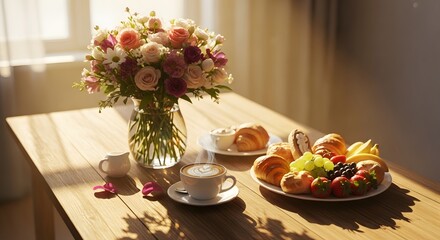 Obraz premium Breakfast Table Setting with Flowers and Fruit.