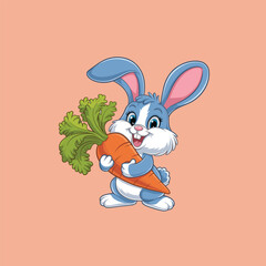 Cute White Rabbit Cartoon Character Holding a Large Orange Carrot mascot. Adorable Sitting Bunny Hugging a Giant Carrot Vector Illustration.