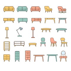 Mid-century modern furniture illustration set, flat vector interior elements