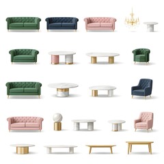 Luxury furniture set with velvet sofas and marble tables, elegant 3D illustration