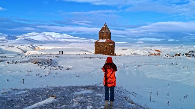 Aerial view of a tourist photographing the Abughamrents Church at Ani Ruins in Kars, Turkey. Snow covered medieval Armenian chapel stands in a vast winter landscape.