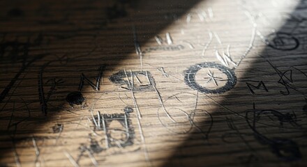 Enigmatic symbols and arcane inscriptions etched into aged wood, touched by a radiant sunbeam