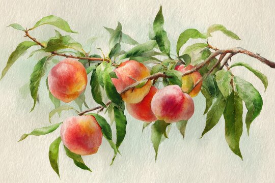 Pastel watercolor illustration of a peach branch on warm paper background