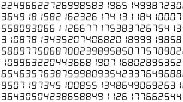 Randomly changing matte black numeric code text on white background, wide format, resembling a system monitoring display and abstract system log style. 4K motion graphics.