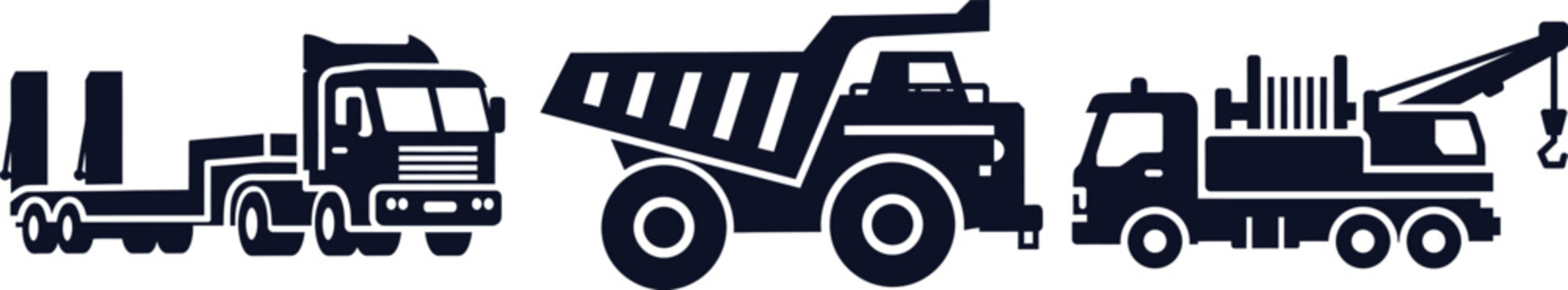Set of three construction and heavy transport vehicle silhouettes Keywords: truck, trailer, flatbed truck, dump truck, mining truck