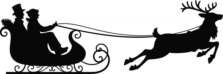 Vintage winter sleigh silhouette illustration, reindeer pulling ornate carriage, festive holiday artwork, traditional Christmas scene, decorative seasonal design, snowy celebration © MD