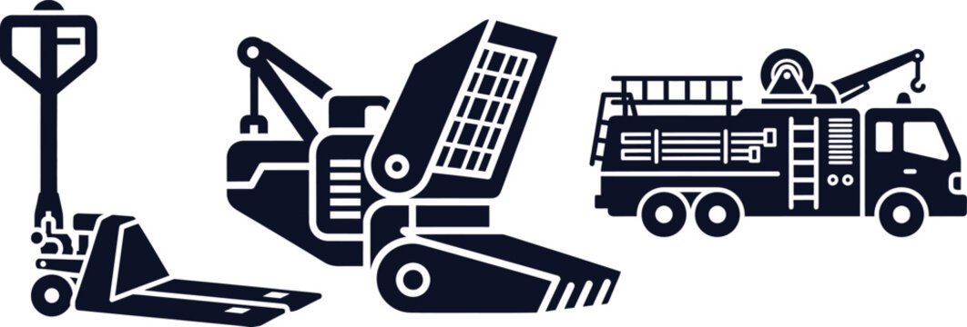 Industrial Equipment Silhouettes Including Pallet Jack Excavator Bucket and Fire Truck hand truck