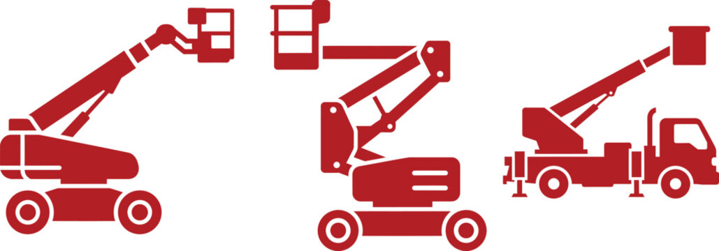 Red silhouette icons of aerial work platforms and boom lifts on white background cherry picker