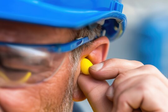 Construction Worker Inserting a Yellow Foam Earplug for Hearing Protection