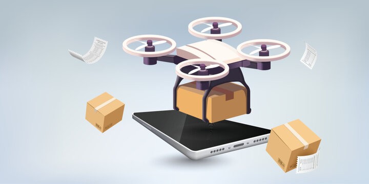 Isometric drone delivery service concept with parcel box and smartphone mobile application, autonomous air shipping technology for e-commerce logistics, package tracking and last mile transportation