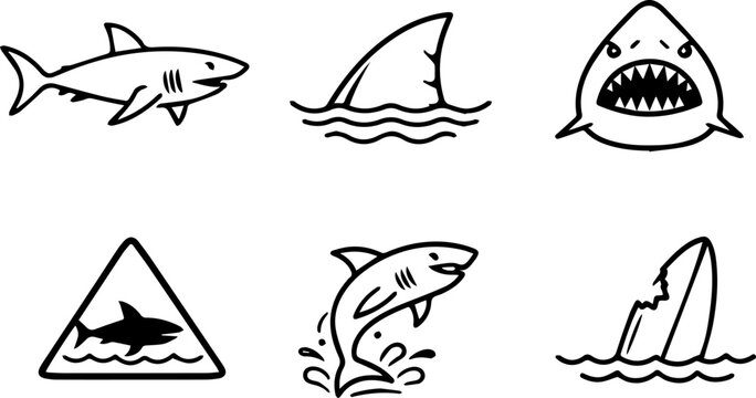 Minimal line icons depicting sharks, fins and danger.
