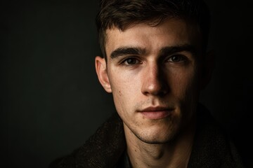 Fototapeta premium Young man facing the camera with uneven lighting and intense mood
