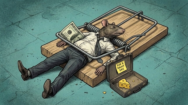 Illustration of mouse caught in trap with money and cheese, symbolizing financial risk and corruption