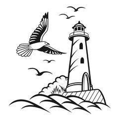 A black and white drawing of a lighthouse with seagulls flying overhead Vector