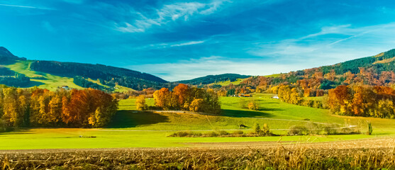 Alpine autumn or indian summer view at Anger, Berchtesgadener Land, Bavaria, Germany