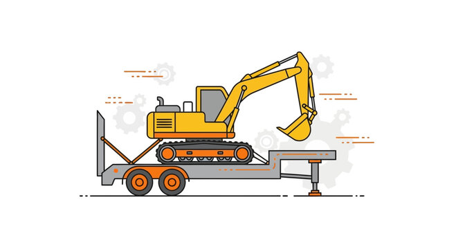 Heavy Duty Excavator Transportation on Lowboy Trailer Vector Art