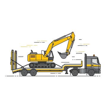 Heavy Duty Excavator Transported On A Lowboy Trailer By Truck