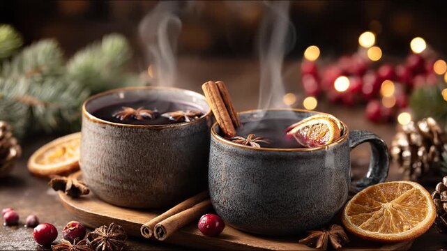 Warm beverages with cinnamon sticks and star anise on wooden tray