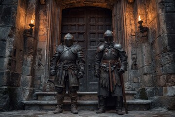Obraz premium Two armored medieval warriors guard a heavy wooden door at a stone fortress entrance