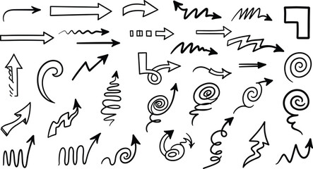Hand drawn arrow collection with curved, spiral and directional sketch symbols isolated on white for navigation, design elements and infographic concepts