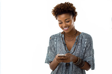 L&auml;chelnde junge Afroamerikanerin benutzt ihr Handy, freigestellt vor wei&szlig;em Hintergrund, Generative AI