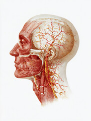 Medizinische Illustration eines menschlichen Kopfes, freigestellt vor wei&szlig;em Hintergrund, Generative AI