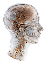 Medizinische Illustration eines menschlichen Kopfes, freigestellt vor wei&szlig;em Hintergrund, Generative AI