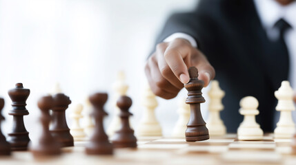 Businessman's hand strategically moving a black king piece on a chessboard, representing thoughtful decision making, strong leadership, and strategic planning